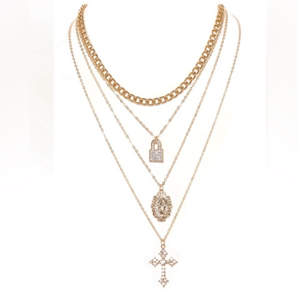 Fashion Nova Gold Layered Cross Lock Medallion Necklace Set